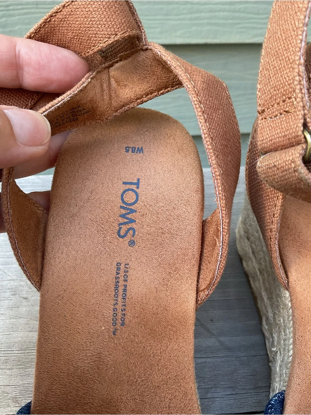 Toms Denim Blue Twist and Tan Espadrille Wedge Sandals